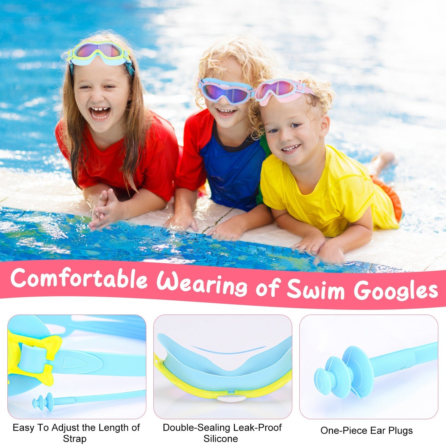 3 Colors Option - 1Pc Kids Swim Goggles With Ear Plugs UV Protection Anti-Fog Leak Proof Wide View Pool Swimming Goggles For Youth Boys Girls Aged 3-16 Years Old Summer Beach Water Park