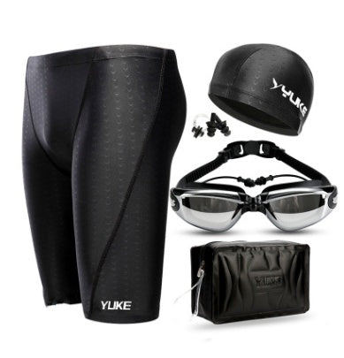 Swim Shorts Men's Five-speed Dry Waterproof Swimming Trunks Men's Large Size Leather Swimwear Men's Swimming  Goggles Set