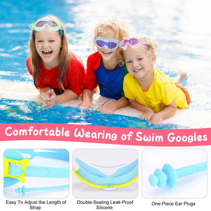 3 Colors Option - 1Pc Kids Swim Goggles With Ear Plugs UV Protection Anti-Fog Leak Proof Wide View Pool Swimming Goggles For Youth Boys Girls Aged 3-16 Years Old Summer Beach Water Park